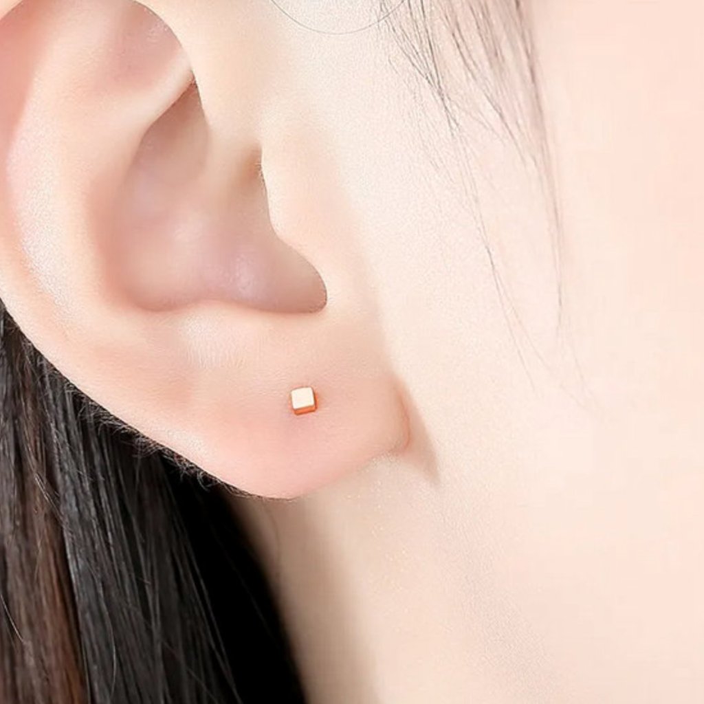 Dainty Cube Stud Earrings In Rose Gold & Silver. 925 Sterling Silver. #1007